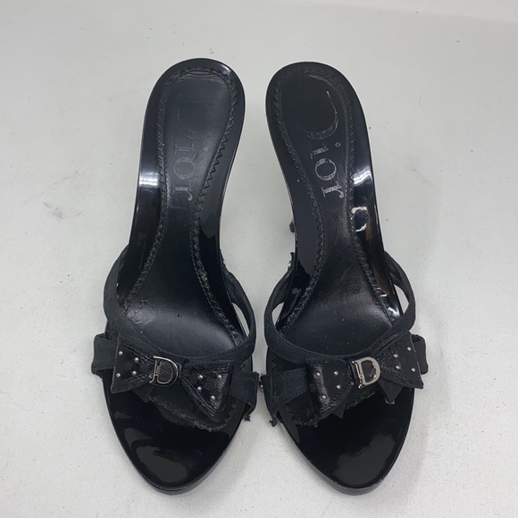 Dior Sz 37 Black Logo High Heel Sandals Bow Studs - Picture 5 of 16